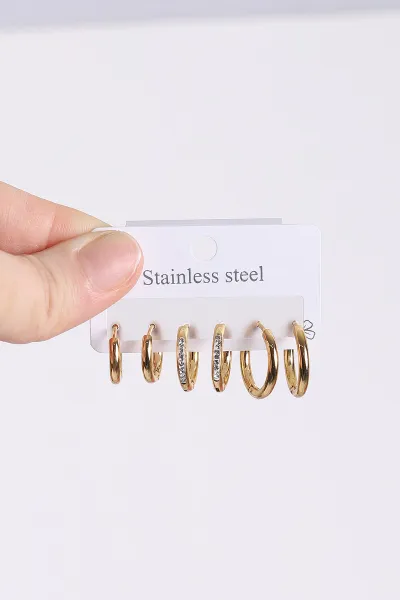 Gold Çoklu Karışık Model  Zirkon Taşlı  Çelik Küpe Seti 434303