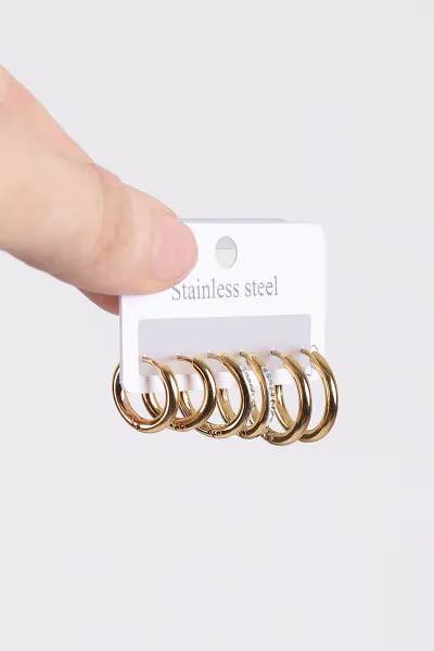 Gold Çoklu Karışık Model  Zirkon Taşlı  Çelik Küpe Seti 434303