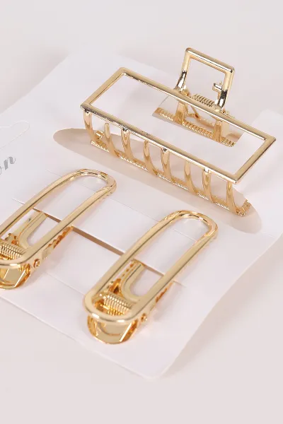 Gold Dikdörtgen Model Küçük Boy 3'lü Pens ve Metal Mandal Toka 463477