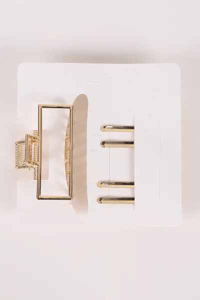 Gold Dikdörtgen Model Küçük Boy 3'lü Pens ve Metal Mandal Toka 463477