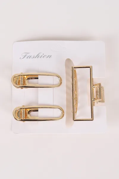 Gold Dikdörtgen Model Küçük Boy 3'lü Pens ve Metal Mandal Toka 463477