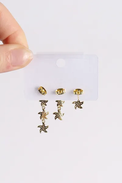 Gold Dönen Yapraklı Model  Taşlı Sallantılı 3'lü Küpe 494653