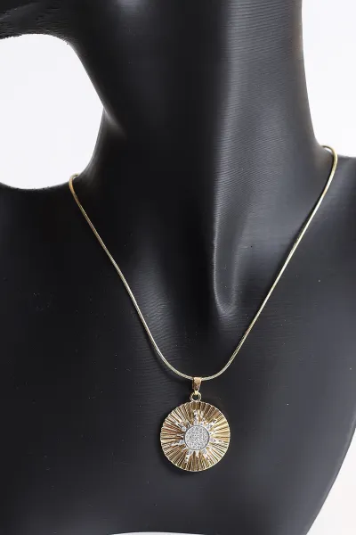 Gold Güneş Figürlü   Zirkon Taşlı  Çelik Kolye 370594