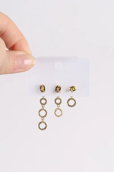 Gold Halka  Model  Taşlı Sallantılı 3'lü Küpe 494655
