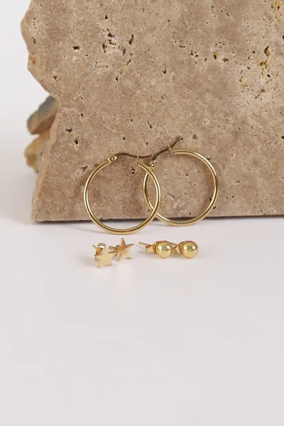 Gold Halka ve Yıldız Model 6'lı Küpe Seti 273725