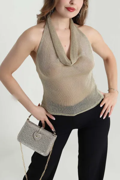 Gold Halter Yaka Simli File Kadın Bluz 480772