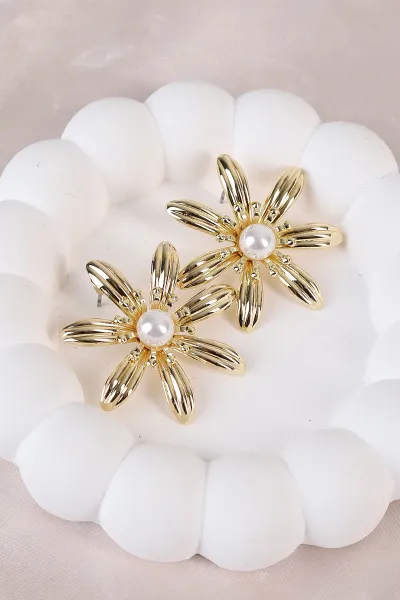 Gold İncili Çiçek Küpe 486490