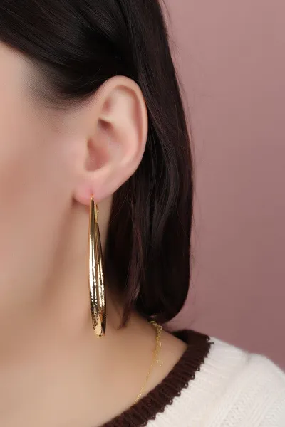 Gold İşlemeli Damla Model  Büyük Boy Halka Küpe 330893