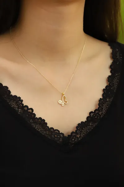 Gold Kanadı Zirkon Taşlı Kelebek Model Şık Kolye 430235