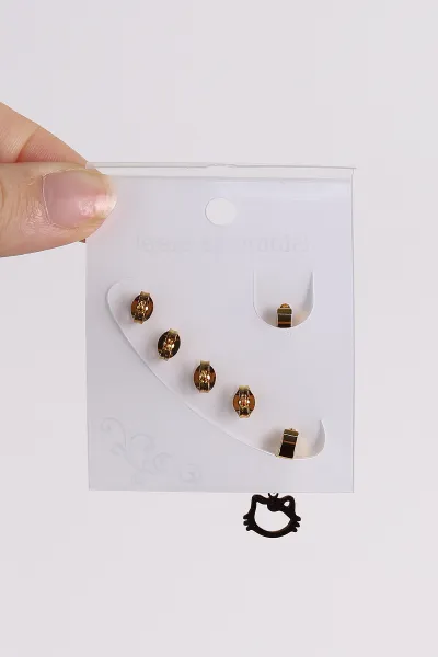 Gold Kedi Figürlü  Karışık Model Küpe Seti 486383