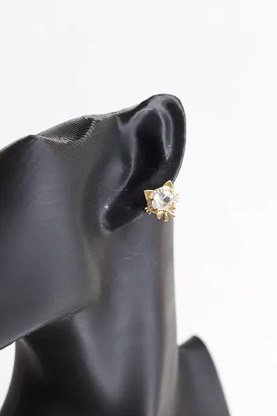 Gold Kedi Figürlü  Zirkon Taşlı Küpe 370971
