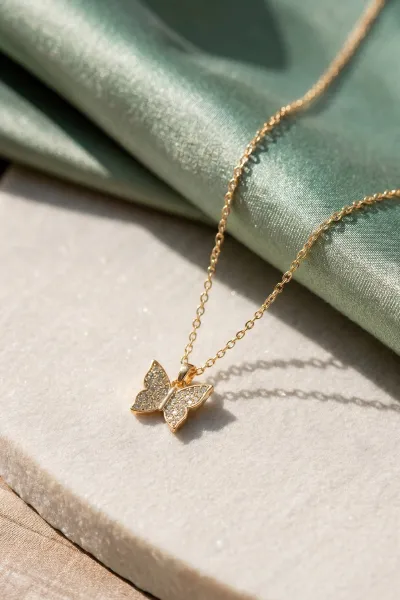 Gold Kelebek Figürlü  Zirkon Taşlı   Şık Kolye 456773