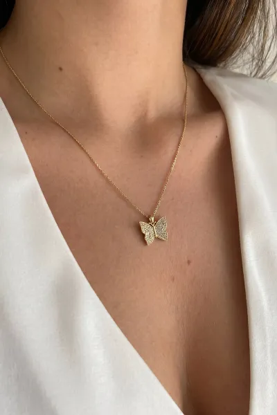Gold Kelebek Figürlü  Zirkon Taşlı   Şık Kolye 456773