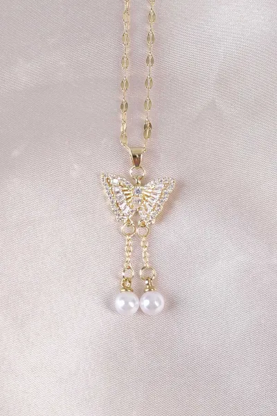 Gold Kelebek  Model Taşlı Şık Kolye 498424