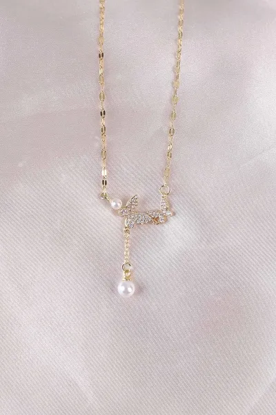 Gold Kelebek Taşlı İncili Kolye 498412