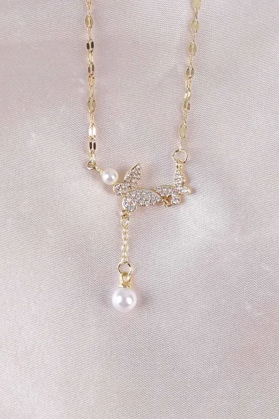 Gold Kelebek Taşlı İncili Kolye 498412