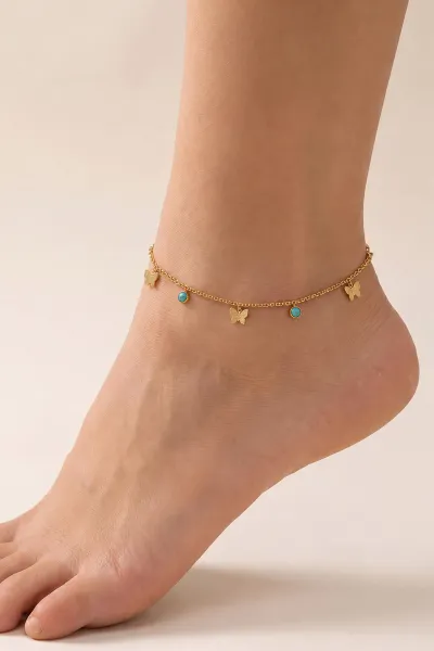 Gold Kelebekli Mavi Boncuklu Halhal 488138