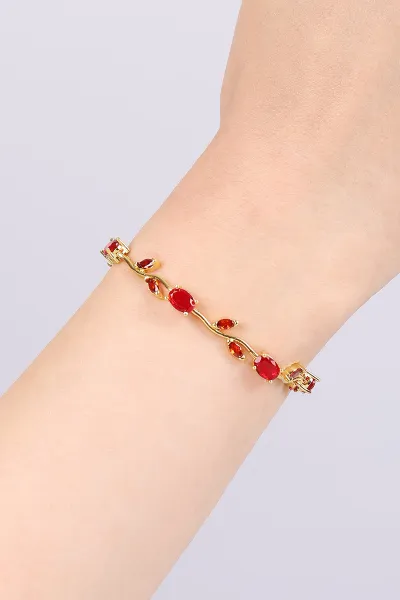Gold  Kırmızı Oval Taşlı Yapraklı Bileklik 468989
