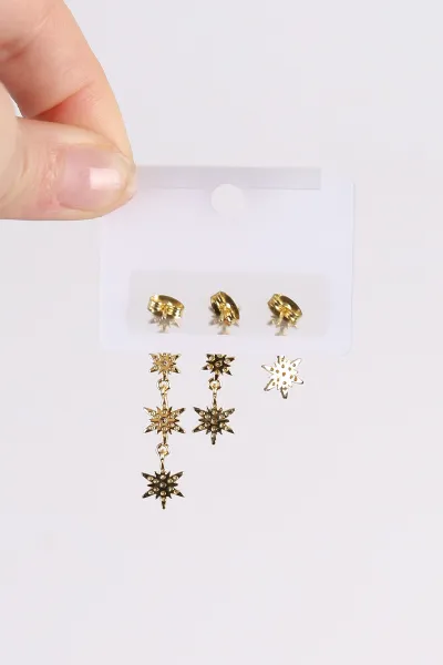 Gold Kuzey Yıldızı Model Taşlı Sallantılı 3'lü Küpe 494642