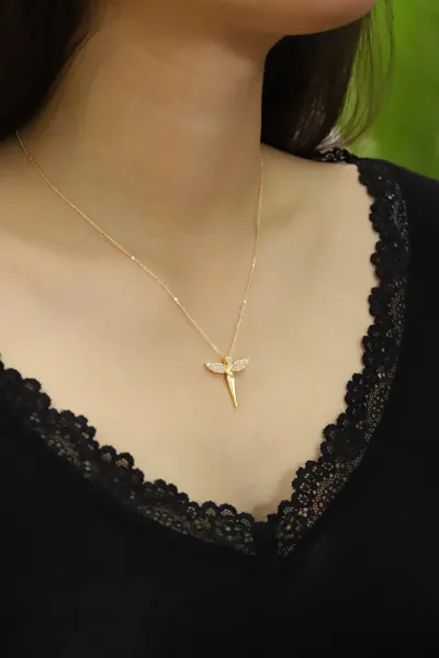 Gold Melek Figürlü  Zirkon Taşlı   Şık Kolye 430242