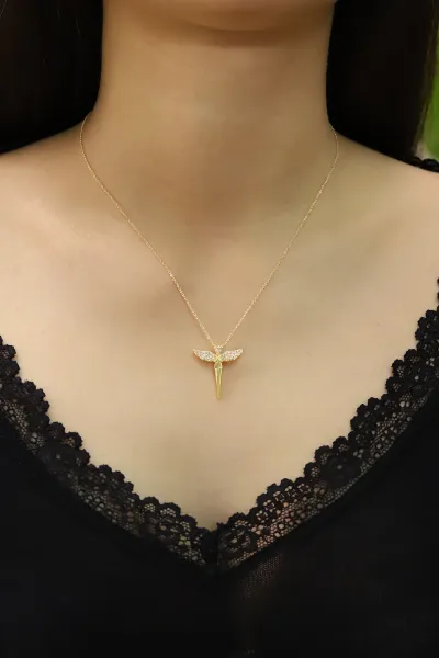 Gold Melek Figürlü  Zirkon Taşlı   Şık Kolye 430242