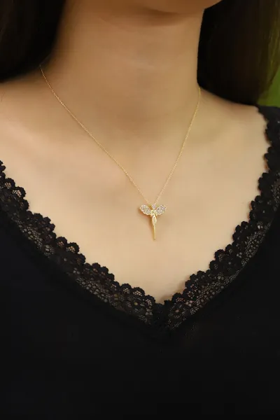 Gold Melek Kız Figürlü Zirkon Taşlı  Şık Kolye 430245