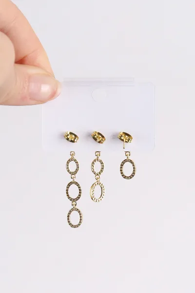 Gold Oval Model  Taşlı Sallantılı 3'lü Küpe 494662