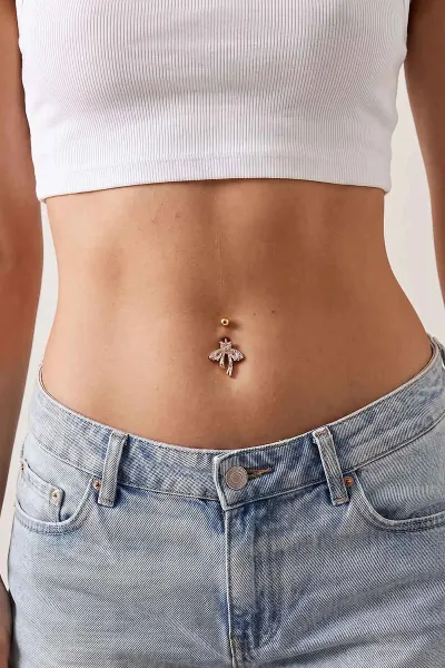 Gold Pembe Taşlı Fiyonk Model  Göbek Piercingi 479608