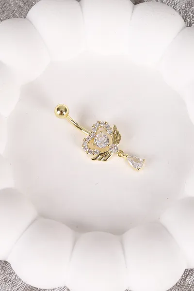 Gold Sallantılı Kalp Model Zirkon Taşlı Göbek Piercingi 477756