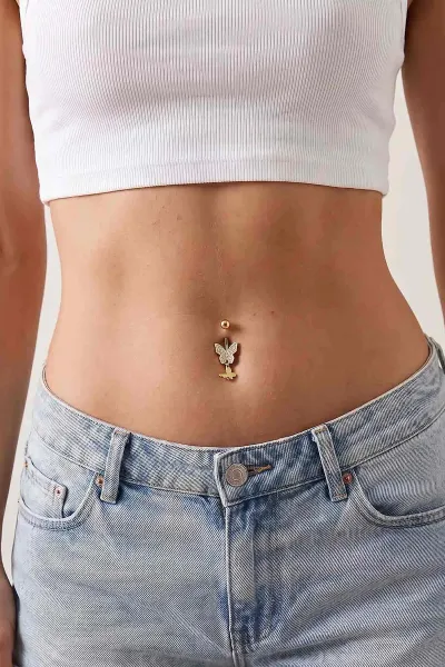 Gold Sallantılı Kelebek Model Göbek Piercingi 479602