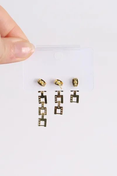 Gold Taşlı Sallantılı 3'lü Küpe 494644
