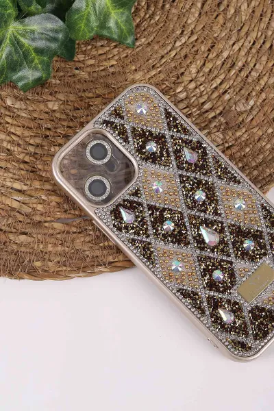 Gold TeknoCase İPhone 12 Uyumlu Dlr Diamond Case Serisi Lens Hediyeli Premium Sert Silikon Telefon Kılıfı 430344