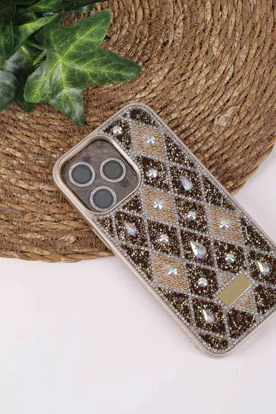 Gold TeknoCase İPhone 14 Pro Max Uyumlu Dlr Diamond Case Serisi Lens Hediyeli Premium Sert Silikon Telefon Kılıfı 430366