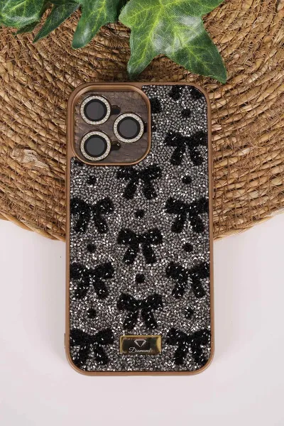 Gold TeknoCase İPhone 14 Pro Max Uyumlu Perfect Diamond Case Serisi Taşlı Lens Hediyeli Sert Silikon Telefon Kılıfı 480804