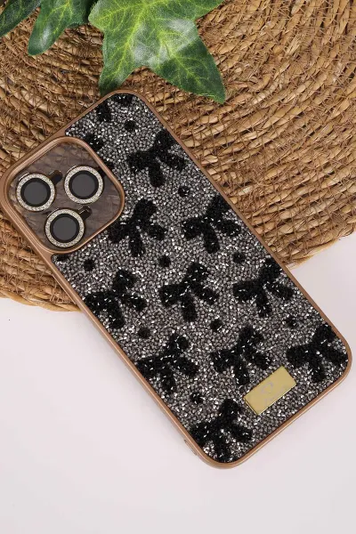 Gold TeknoCase İPhone 14 Pro Max Uyumlu Perfect Diamond Case Serisi Taşlı Lens Hediyeli Sert Silikon Telefon Kılıfı 480804