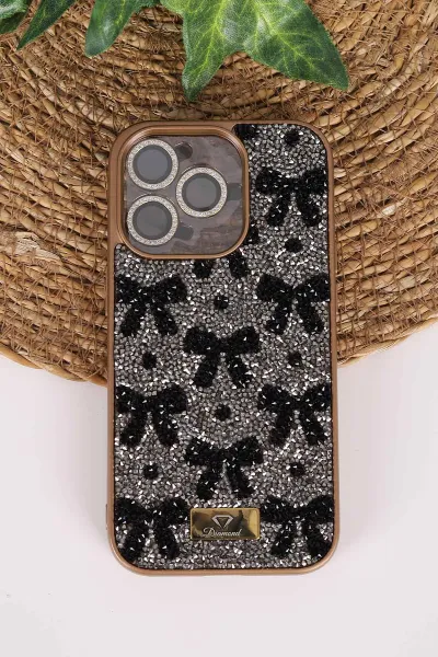 Gold TeknoCase İPhone 14 Pro Uyumlu Perfect Diamond Case Serisi Taşlı Lens Hediyeli Sert Silikon Telefon Kılıfı 480798