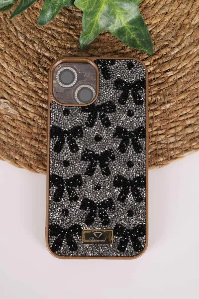Gold TeknoCase İPhone 14 Uyumlu Perfect Diamond Case Serisi Taşlı Lens Hediyeli Sert Silikon Telefon Kılıfı 480784
