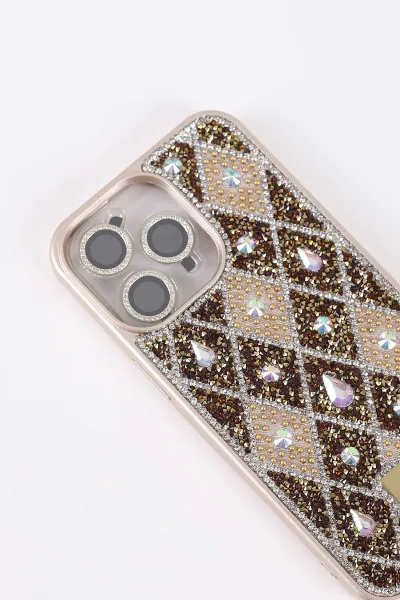 Gold TeknoCase İPhone 15 Pro Max Uyumlu Dlr Diamond Case Serisi Lens Hediyeli Premium Sert Silikon Telefon Kılıfı 430379