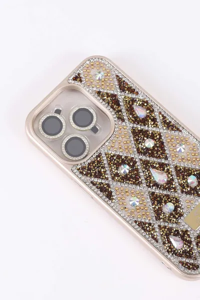 Gold TeknoCase İPhone 15 Pro Uyumlu Dlr Diamond Case Serisi Lens Hediyeli Premium Sert Silikon Telefon Kılıfı 430375