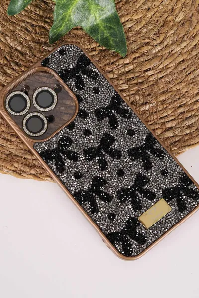 Gold TeknoCase İPhone 15 Pro Uyumlu Perfect Diamond Case Serisi Taşlı Lens Hediyeli Sert Silikon Telefon Kılıfı 480820