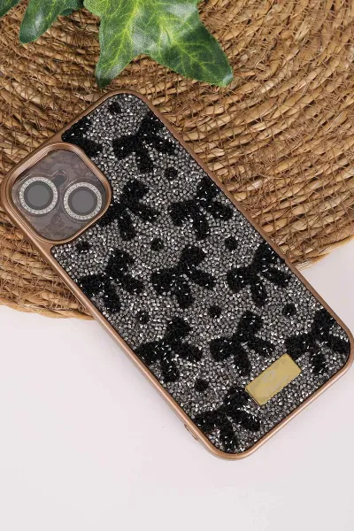 Gold TeknoCase İPhone 15 Uyumlu Perfect Diamond Case Serisi Taşlı Lens Hediyeli Sert Silikon Telefon Kılıfı 480814