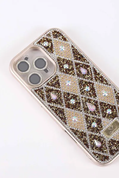 Gold TeknoCase İPhone 16 Pro Max Uyumlu Dlr Diamond Case Serisi Lens Hediyeli Premium Sert Silikon Telefon Kılıfı 430391