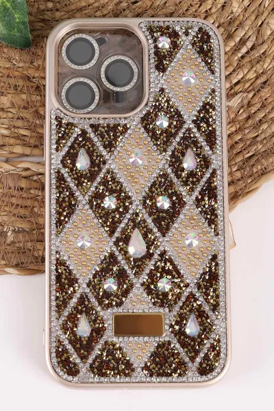 Gold TeknoCase İPhone 16 Pro Max Uyumlu Dlr Diamond Case Serisi Lens Hediyeli Premium Sert Silikon Telefon Kılıfı 474160