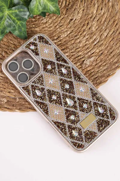Gold TeknoCase İPhone 16 Pro Max Uyumlu Dlr Diamond Case Serisi Lens Hediyeli Premium Sert Silikon Telefon Kılıfı 474160