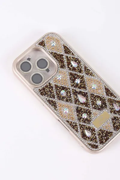 Gold TeknoCase İPhone 16 Pro Uyumlu Dlr Diamond Case Serisi Lens Hediyeli Premium Sert Silikon Telefon Kılıfı 430387