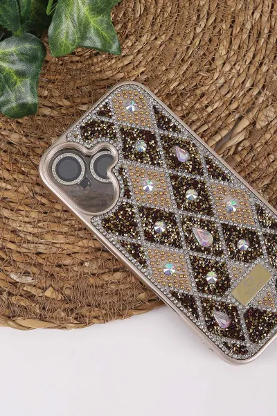 Gold TeknoCase İPhone 16 Uyumlu Dlr Diamond Case Serisi Lens Hediyeli Premium Sert Silikon Telefon Kılıfı 430383