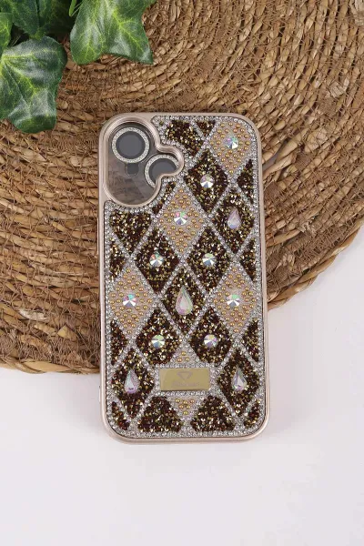 Gold TeknoCase İPhone 16 Uyumlu Dlr Diamond Case Serisi Lens Hediyeli Premium Sert Silikon Telefon Kılıfı 430383