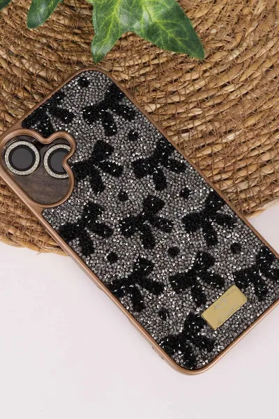 Gold TeknoCase İPhone 16 Uyumlu Perfect Diamond Case Serisi Taşlı Lens Hediyeli Sert Silikon Telefon Kılıfı 480835