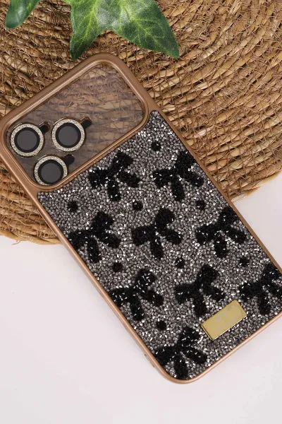 Gold TeknoCase İPhone 17 Pro Max Uyumlu Perfect Diamond Case Serisi Taşlı Lens Hediyeli Sert Silikon Telefon Kılıfı 480870