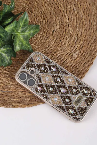 Gold TeknoCase İPhone 17 Uyumlu Dlr Diamond Case Serisi Lens Hediyeli Premium Sert Silikon Telefon Kılıfı 430399
